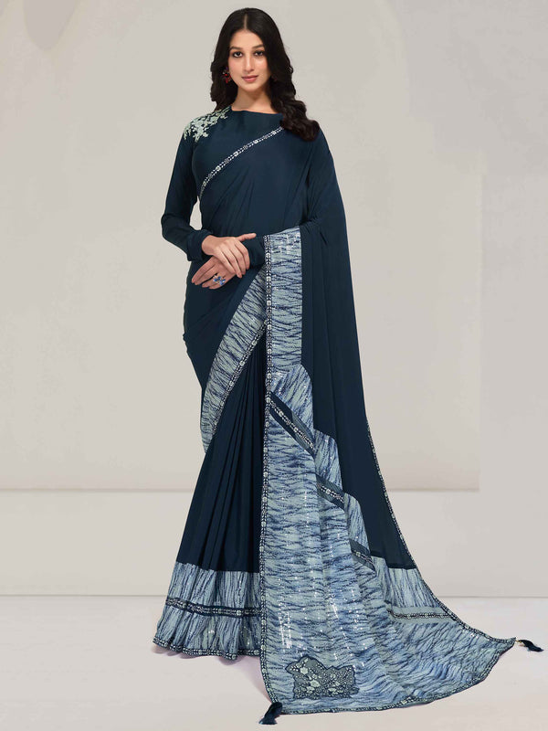 Beautiful Navy Blue Sequins Crepe Festival Wear Saree With Blouse