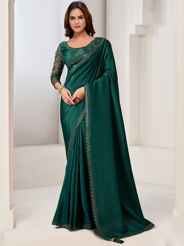 Wonderful Green Lace Work Crepe Party Wear Saree With Blouse