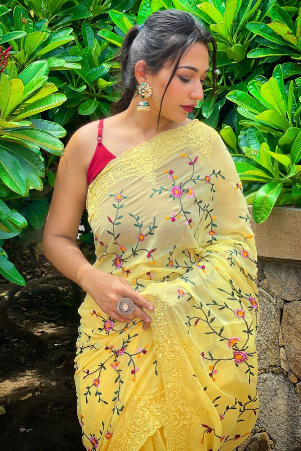 Zest Yellow Embroidered Georgette Saree