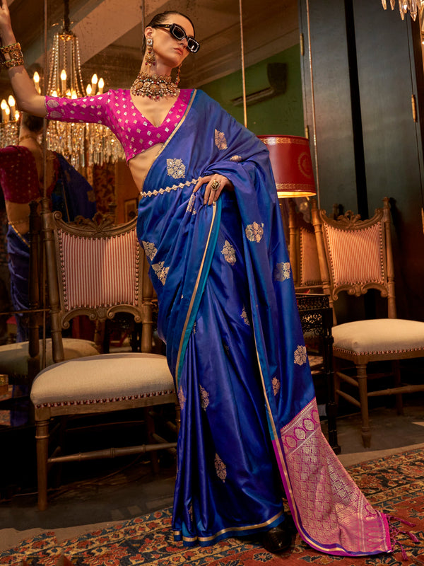 Wonderful Blue Zari Weaving Satin Traditional Saree With Blouse