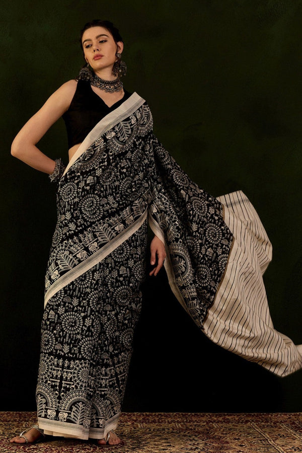 Raven Black Ajrakh Printed Saree