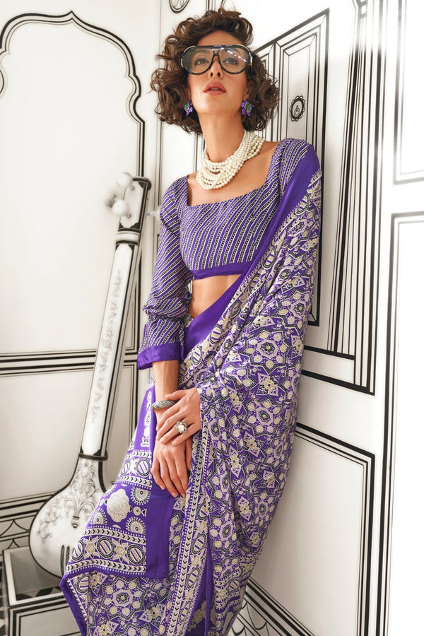 Cyber Grape Purple Printed Ajrakh Satin Crepe Saree