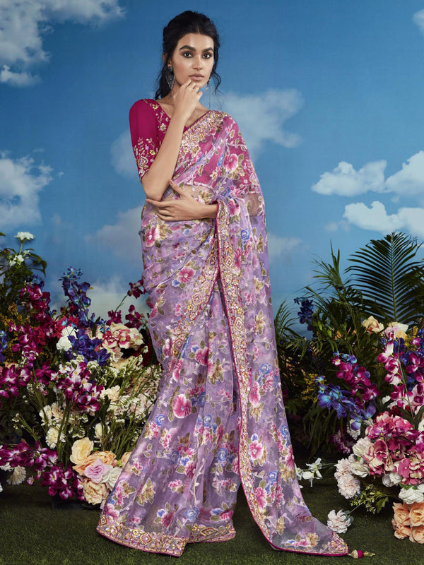 Adorable Lavender Brasso Festival Wear Saree With Blouse