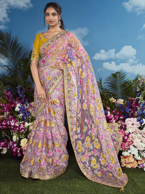 Beautiful Pink Lace Work Brasso Event Wear Saree With Blouse