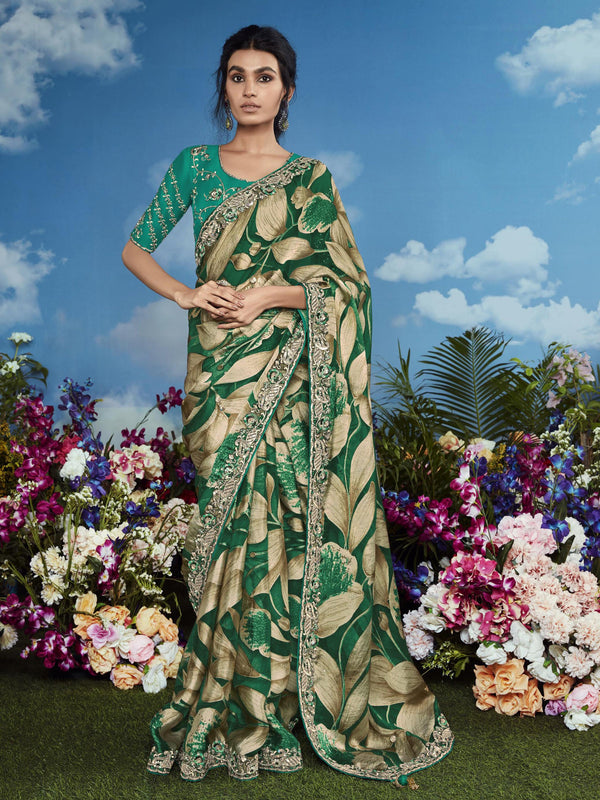 Gorgeous Dark Green Lace Work Brasso Saree With Blouse