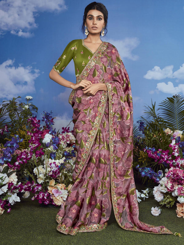 Gorgeous Mauve Lace Work Brasso Festival Wear Saree With Blouse