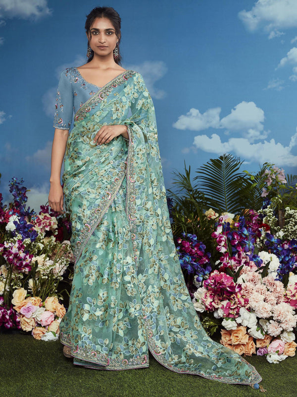 Spectacular Sea Green Lace Work Brasso Engagement Wear Saree