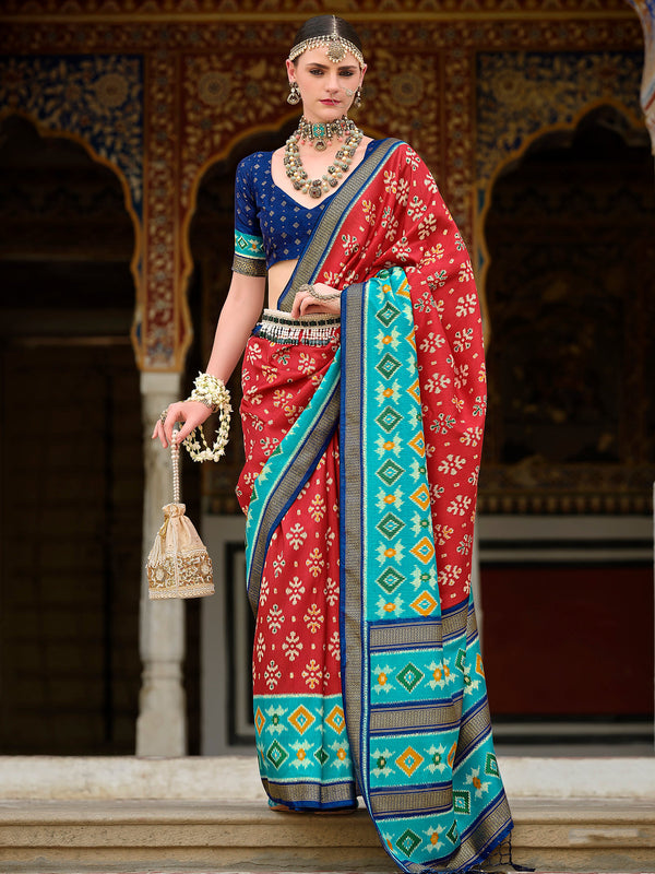 Marvelous Red Printed Silk Traditional Saree With Blouse