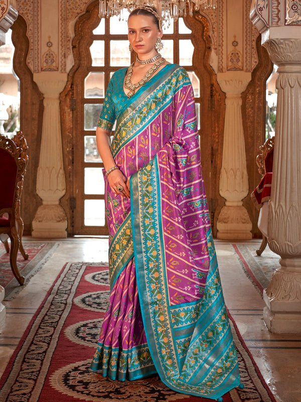 Spectacular Light Purple Patola Printed Silk Festival Wear Saree With Blouse