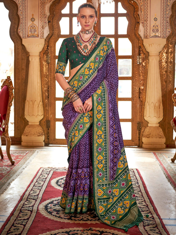 Stunning Purple Patola Printed Silk Casual Wear Saree With Blouse