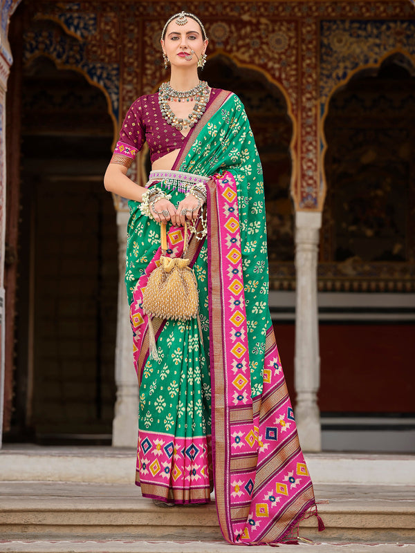 Incredible Teal Green Printed Silk Festival Wear Saree With Blouse