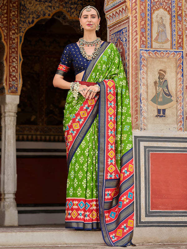 Fantastic Green Printed Silk Traditional Saree With Blouse