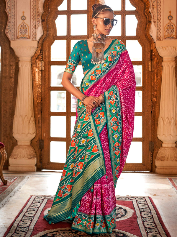 Gorgeous Pink Patola Printed Silk Event Wear Saree With Blouse