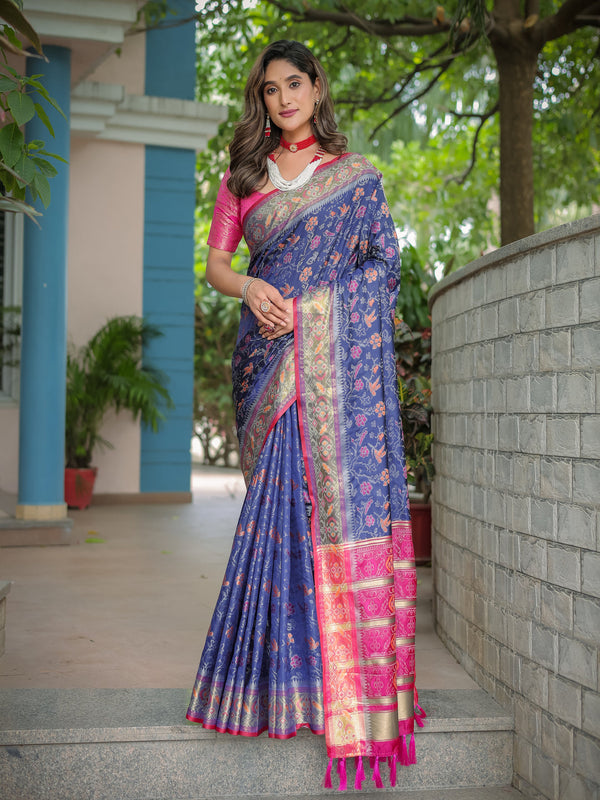 BLUE BANARASI PATOLA SOFT SILK WITH RICH PALLU AND CONTRAST ZARI BORDER SAREE