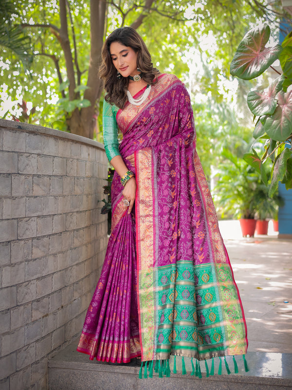 WINE BANARASI PATOLA SOFT SILK WITH RICH PALLU AND CONTRAST ZARI BORDER SAREE