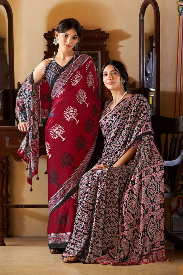 Solid Maroon Ajrakh Printed Satin Crepe Saree