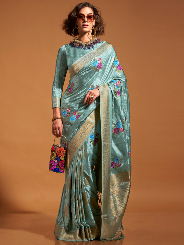 Amazing Sea Green Weaving Satin Event Wear Saree With Blouse