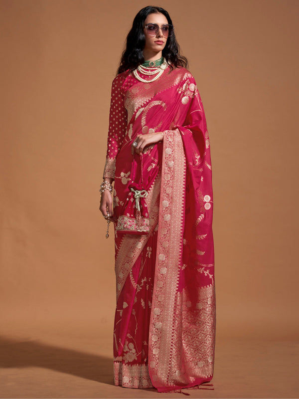 Mesmerizing Pink Zari Weaving Silk Wedding Saree With Blouse