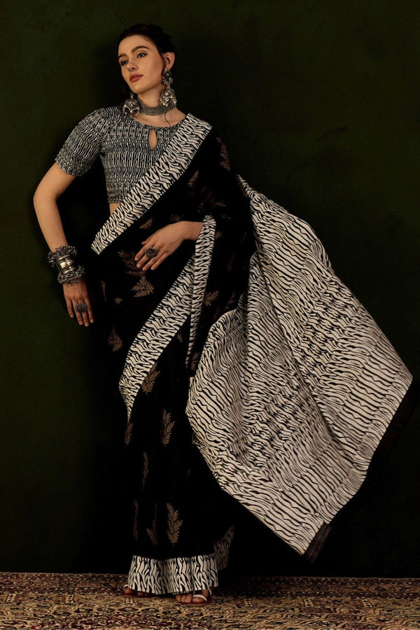 Spider Black Ajrakh Printed Saree