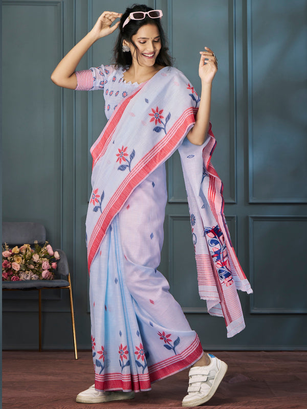 Attractive Sky Blue Weaving Linen Casual Wear Saree With Blouse