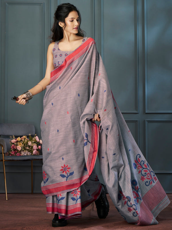 Attractive Grey Weaving Linen Festival Wear Saree With Blouse