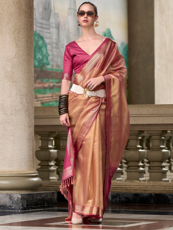 Alluring Peach Zari Weaving Silk Event Wear Saree With Blouse