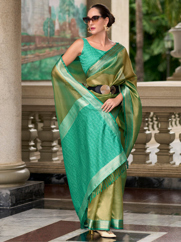 Beautiful Green Zari Weaving Silk Event Wear Saree With Blouse