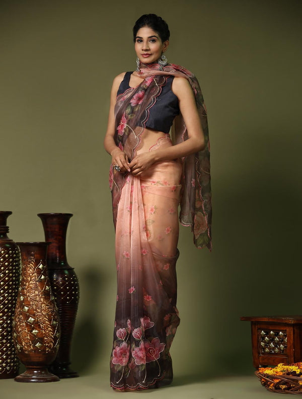 Black & Brown Digital Printed Organza Saree With Satin Blue Blouse Piece