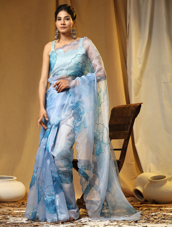 Blue & White Digital Printed Organza Saree With Satin Sky Blue Blouse Piece