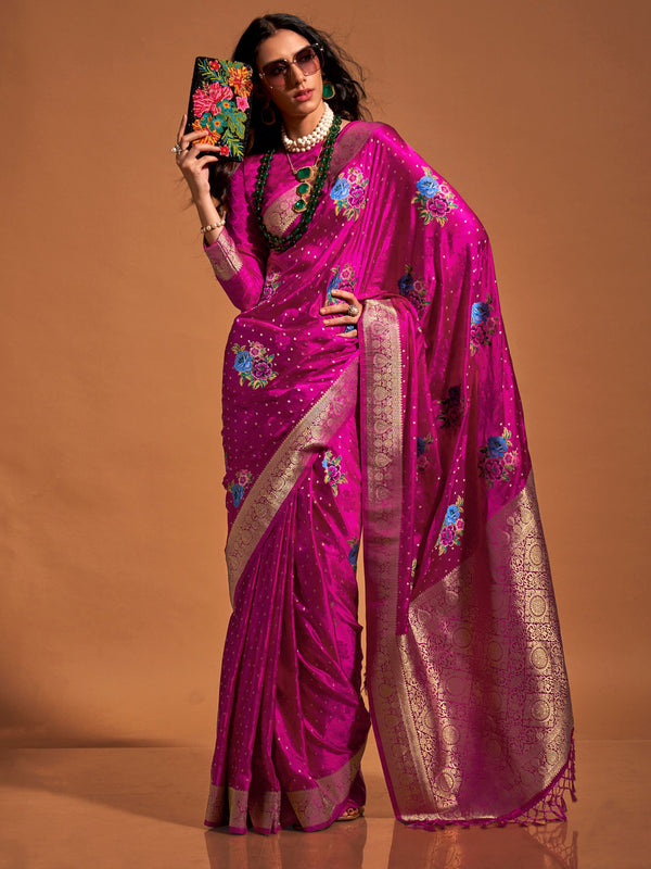 Awesome Rani Pink Weaving Satin Traditional Saree With Blouse