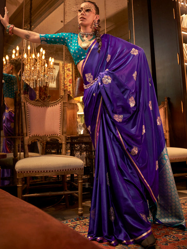 Beautiful Purple Zari Weaving Satin Event Wear Saree With Blouse