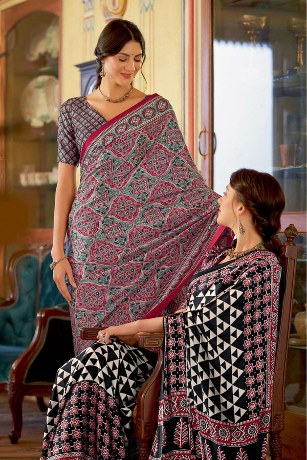 Giants Club Brown and Grey Ajrakh Printed Satin Crepe Saree