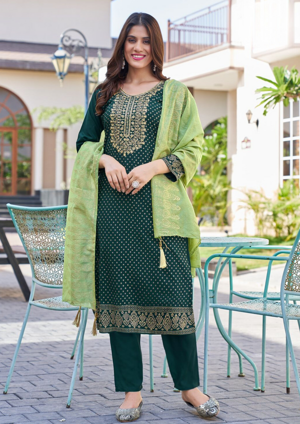 Green Rayon Foil Printed Kurta Set