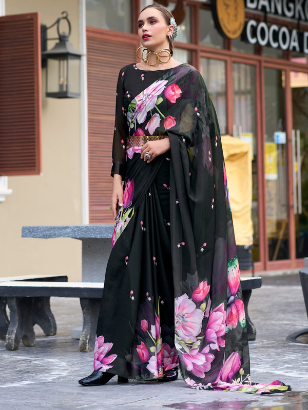 Gorgeous Black Floral Printed Georgette Casual Wear Saree With Blouse