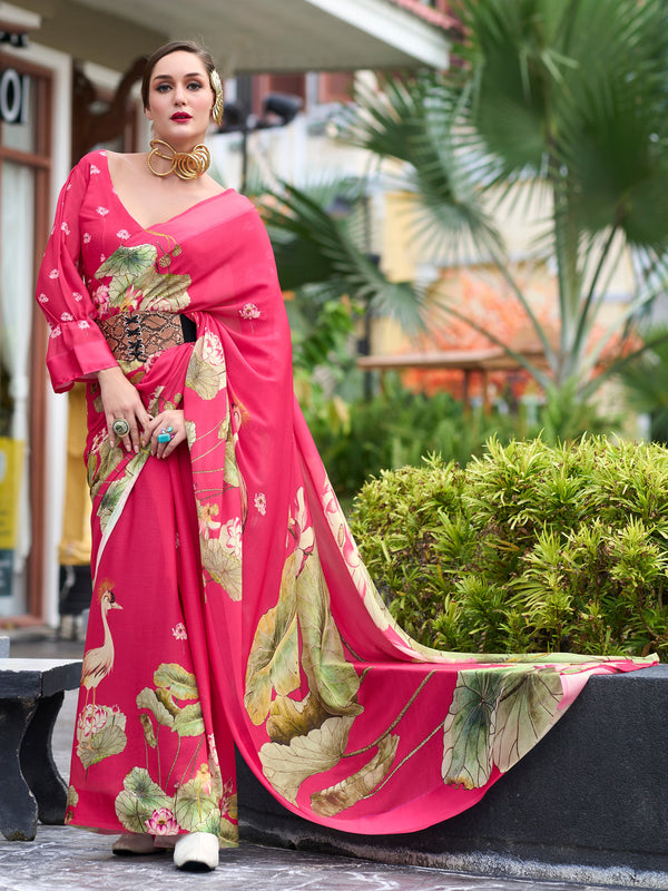 Attractive Pink Floral Printed Georgette Event Wear Saree With Blouse