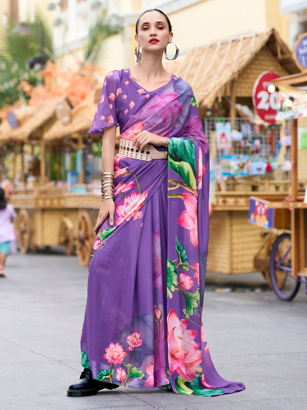 Beautiful Purple Floral Printed Georgette Festival Wear Saree With Blouse