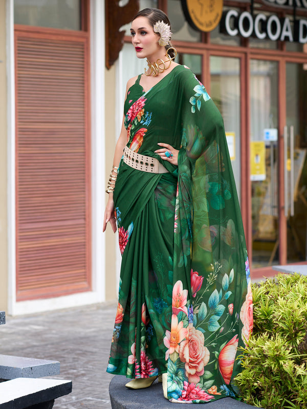 Enchanting Green Floral Printed Georgette Saree With Blouse