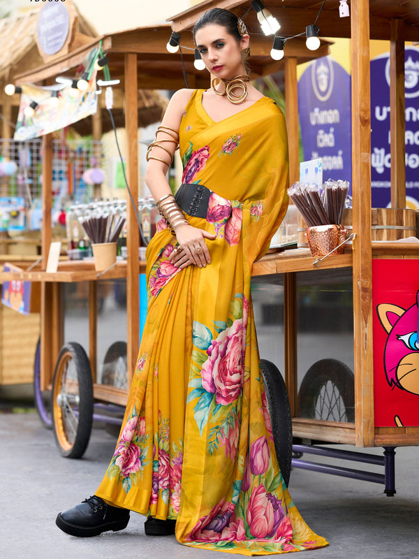 Alluring Mustard Yellow Floral Printed Georgette Event Wear Saree