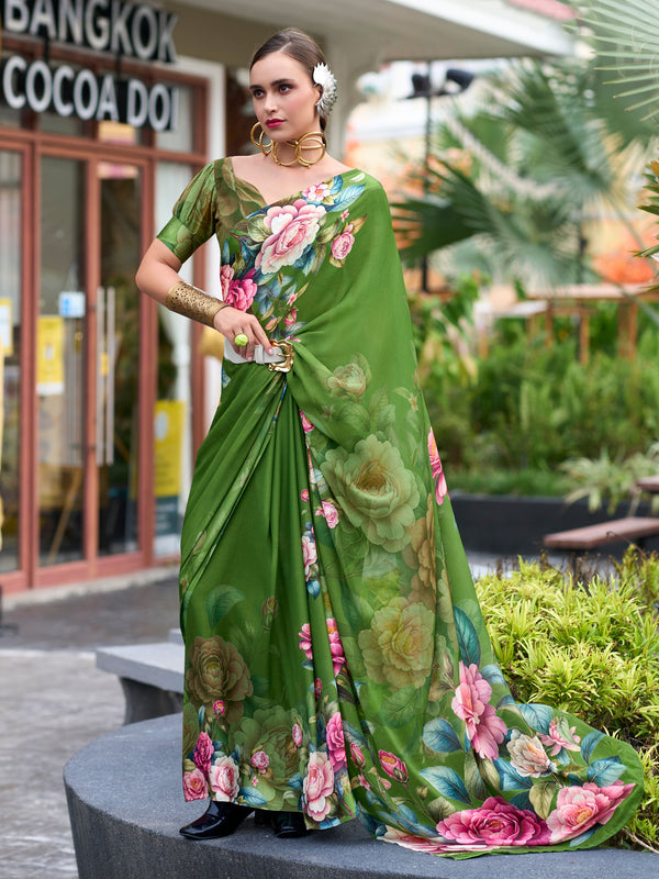 Fantastic Green Floral Printed Georgette Festival Wear Saree With Blouse