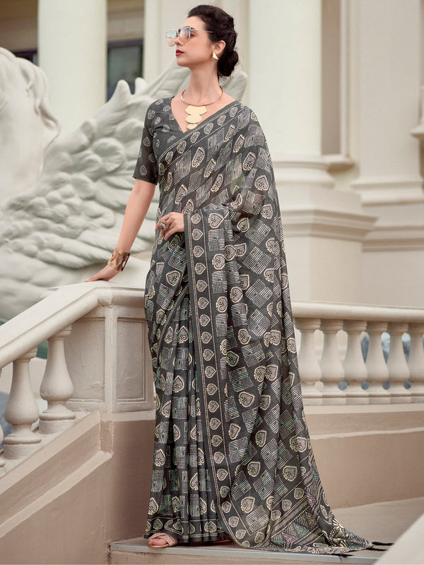 Charming Grey Digital Printed Silk Event Wear Saree With Blouse