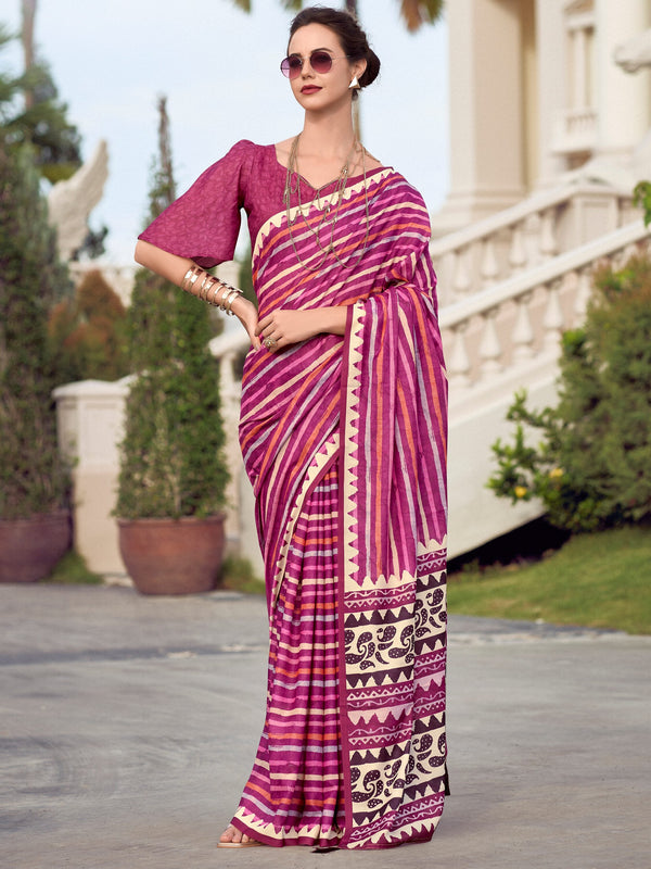 Beautiful Magenta Printed Silk Casual Wear Saree With Blouse