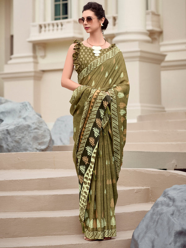 Stunning Green Printed Silk Festival Wear Saree With Blouse