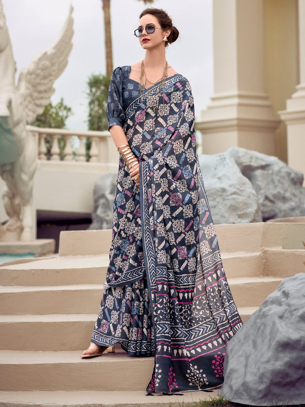 Gorgeous Navy Blue Printed Silk Office Wear Saree With Blouse