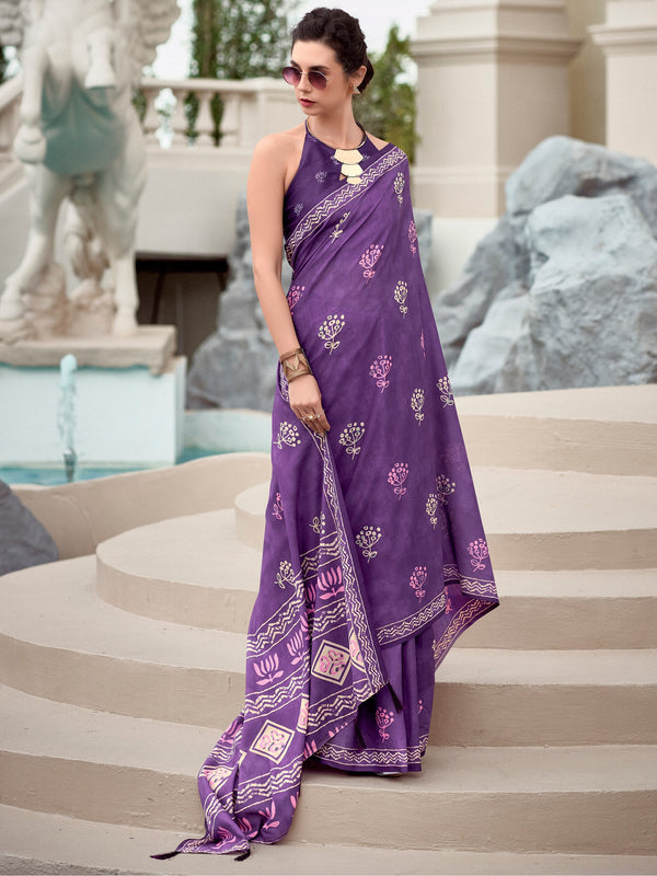 Magnetic Purple Digital Printed Silk Festival Wear Saree With Blouse