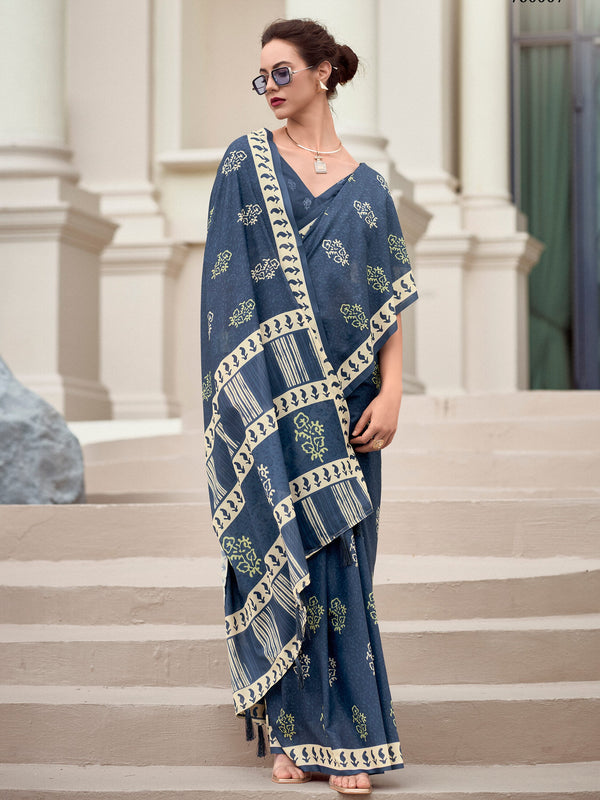 Attractive Dusty Blue Printed Silk Event Wear Saree With Blouse