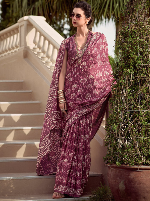 Alluring Wine Digital Printed Silk Casual Wear Saree With Blouse