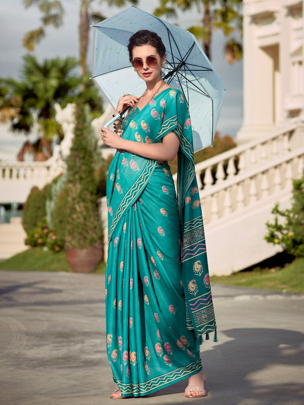 Alluring Teal Green Printed Silk Festival Wear Saree With Blouse