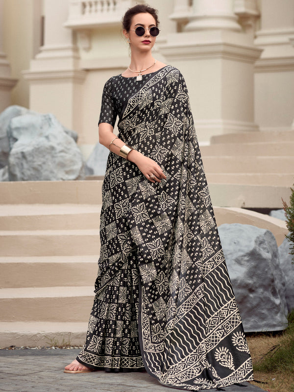 Glamorous Black Printed Silk Event Wear Saree With Blouse