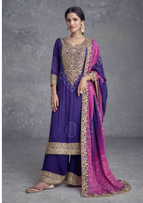 Purple Chinon Palazzo Suit with Embroidery and Mirror Work