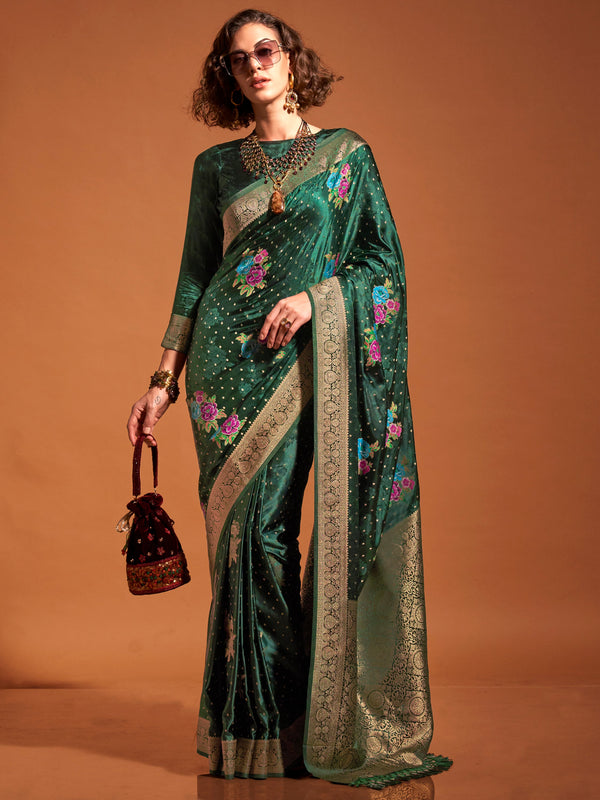 Astonishing Green Weaving Satin Mehendi Wear Saree With Blouse